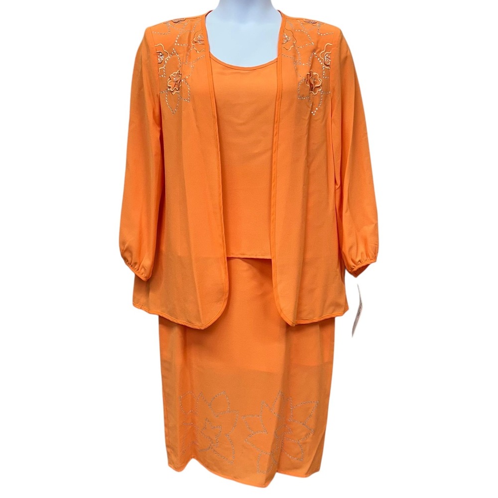 NWT Christie Of California 3 Piece Skirt Suit Set Womens 12 Orange Beaded Floral